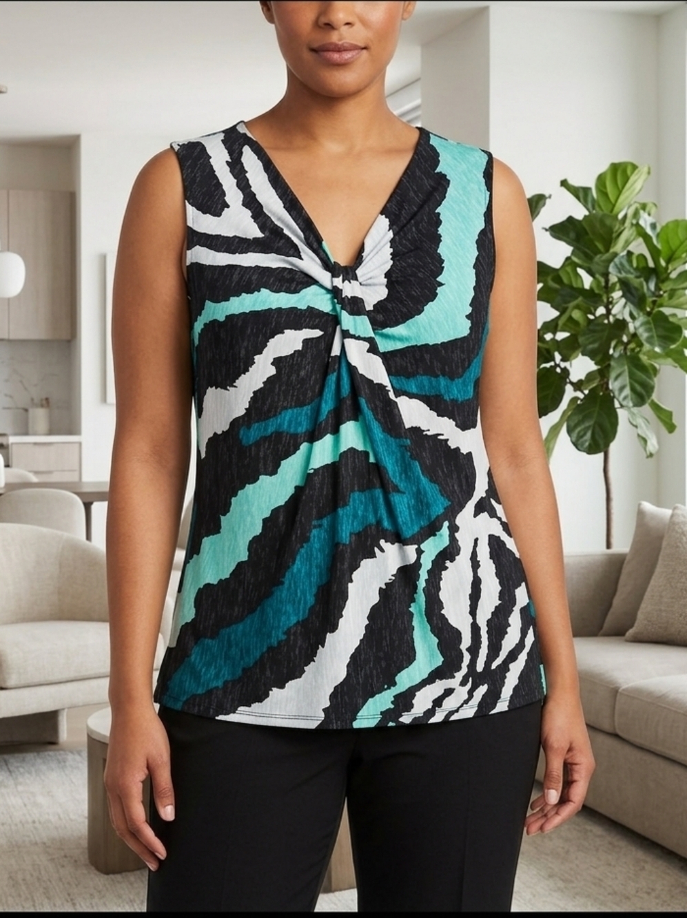 Worthington XL Sleeveless Twist Front Blouse Teal Black Abstract Zebra Print Kni